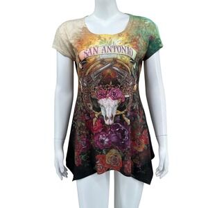 Sweet Gisele Top Womens 2XL San Antonio Graphic Skull Floral Embellished Western